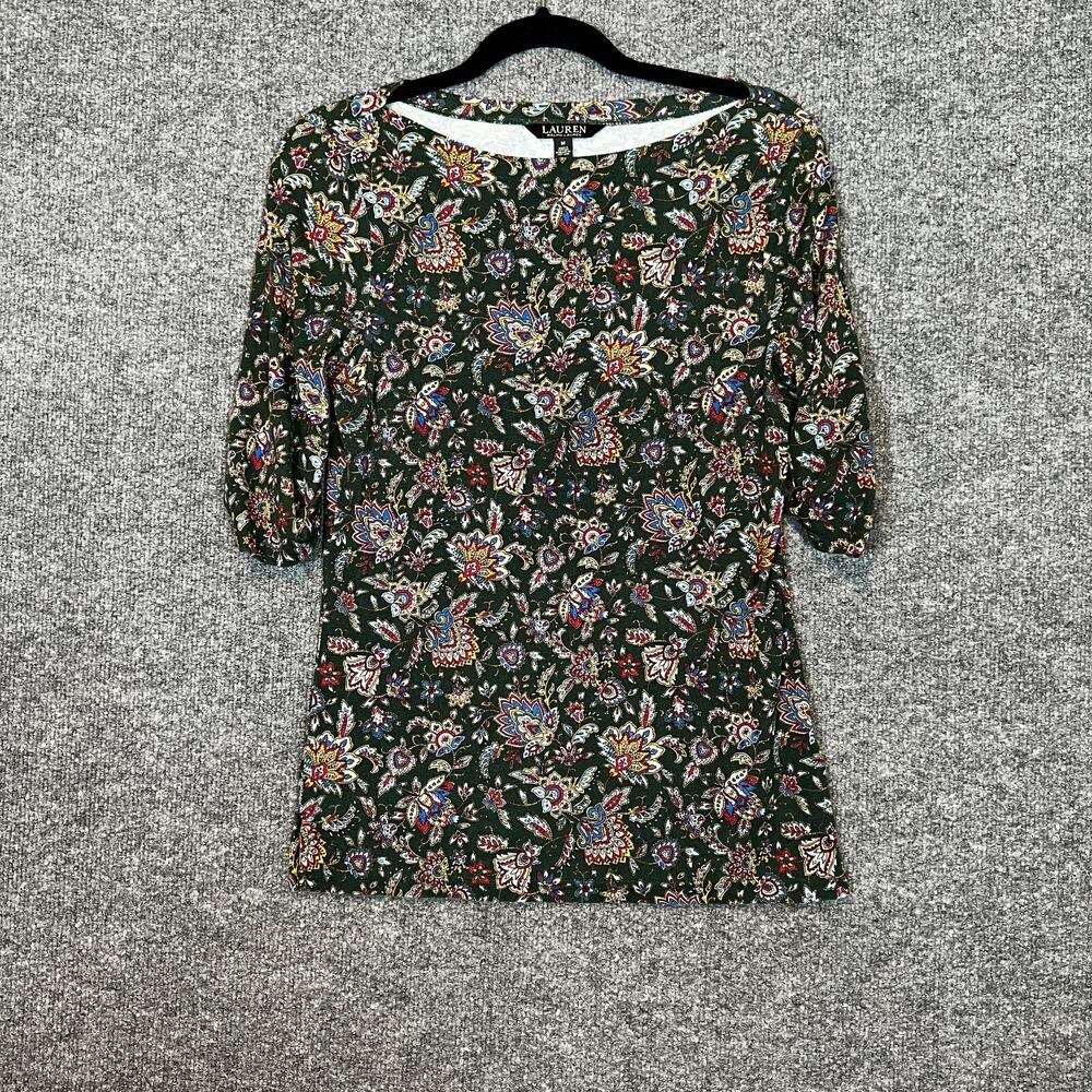 Lauren Ralph Lauren Black Label Shirt Womens Medium Black Paisley 3/4 Sleeve Tsh